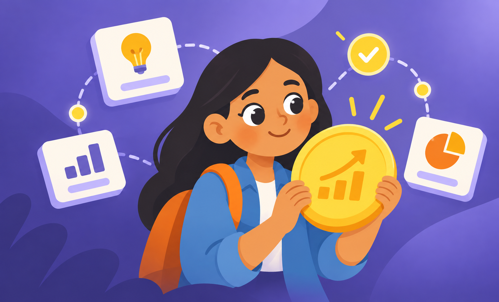 Illustrated learner progressing through finance lessons